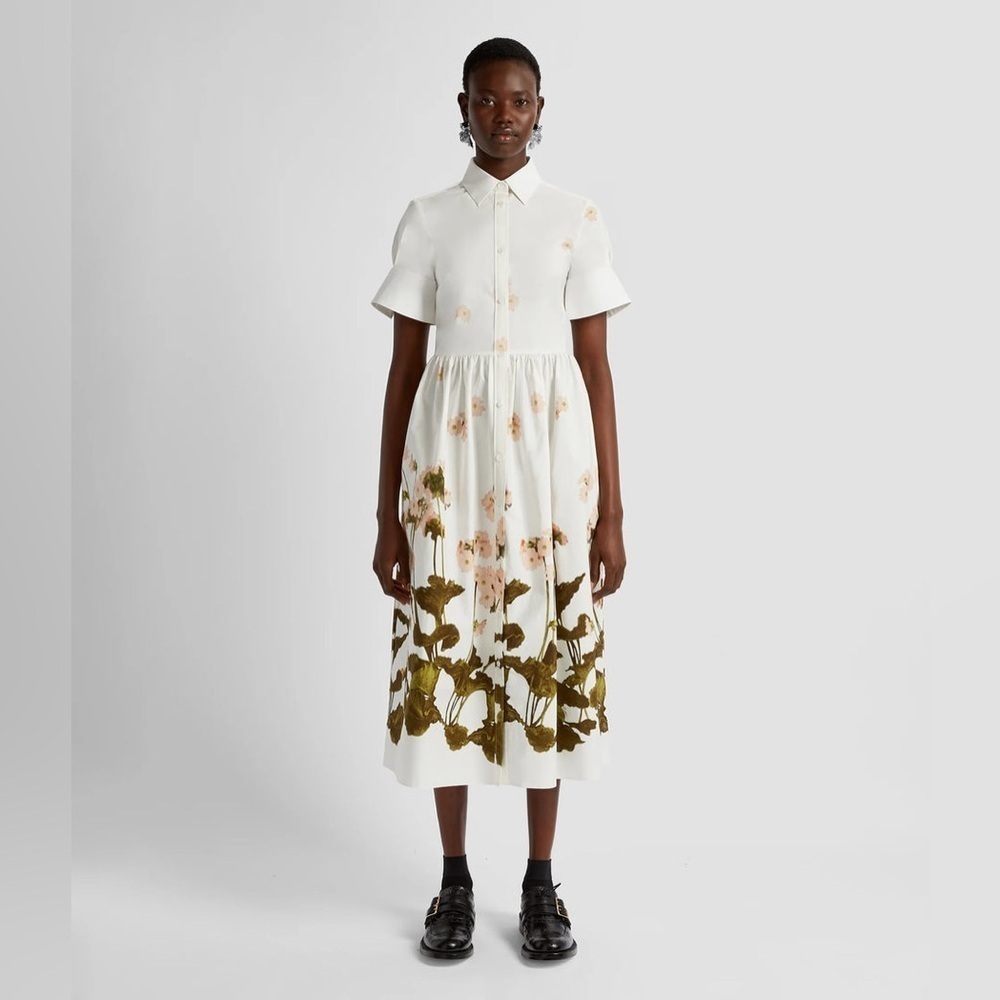 ERDEM Short-Sleeve Midi Shirt Dress in Cotton White and Green Floral 0 NWT 1345$ - Picture 5 of 14